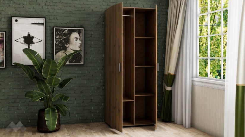 Гардероб Оптима двукрилни дъб вотан с черно - изглед 2 - МебелМаг Гардероб Оптима двукрилни дъб вотан с черно - изглед 2