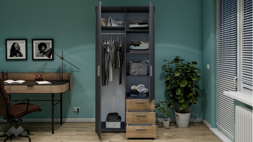 Гардероб Жизел двукрилни антрацит с дъб сонома - изглед 2