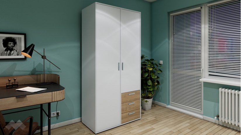 Гардероб Жизел двукрилни бяло гладко с дъб сонома - изглед 1