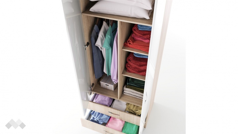 Гардероб Джеймс двукрилни сонома арвен с бял гланц - изглед 4 - МебелМаг Гардероб Джеймс двукрилни сонома арвен с бял гланц - изглед 4