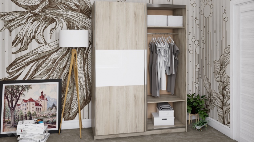 Гардероб Хартфорт с плъзгащи врати сонома арвен с бял гланц - изглед 2 - МебелМаг Гардероб Хартфорт с плъзгащи врати сонома арвен с бял гланц - изглед 2