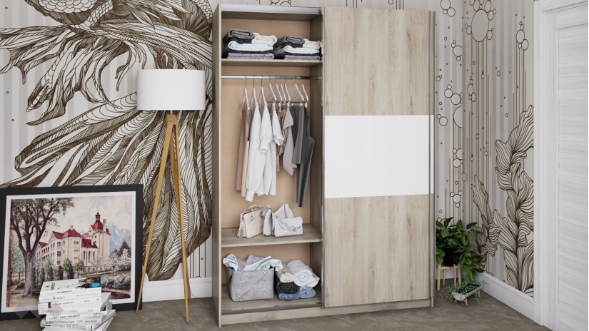 Гардероб Хартфорт с плъзгащи врати сонома арвен с бял гланц - изглед 3 - МебелМаг Гардероб Хартфорт с плъзгащи врати сонома арвен с бял гланц - изглед 3