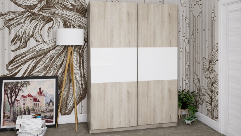 Гардероб Хартфорт с плъзгащи врати сонома арвен с бял гланц - изглед 1 - МебелМаг Гардероб Хартфорт с плъзгащи врати сонома арвен с бял гланц - изглед 1