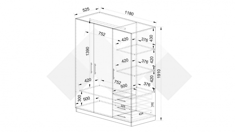 Гардероб Калия трикрилни тъмна сонома - изглед 3 - МебелМаг Гардероб Калия трикрилни тъмна сонома - изглед 3