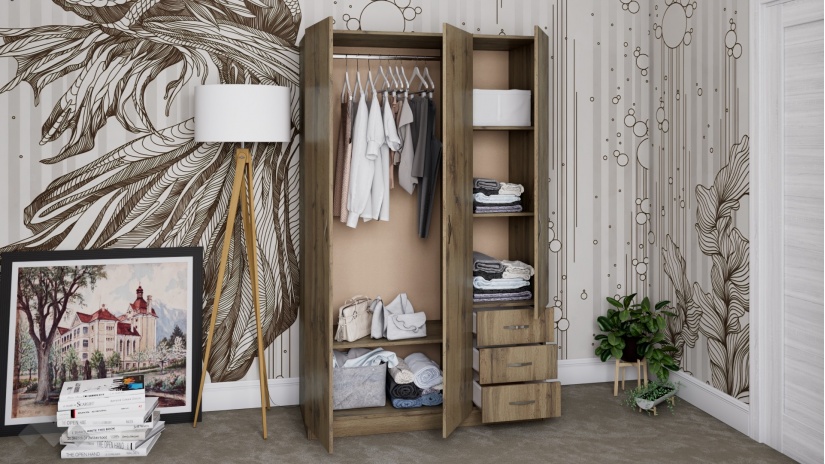 Гардероб Калия трикрилни тъмна сонома - изглед 2 - МебелМаг Гардероб Калия трикрилни тъмна сонома - изглед 2