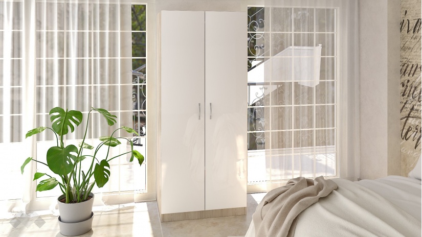 Гардероб Райън двукрилни сонома арвен с бял гланц - изглед 1 - МебелМаг Гардероб Райън двукрилни сонома арвен с бял гланц - изглед 1