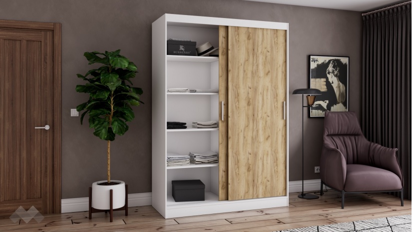 Гардероб Карлос с плъзгащи врати бял със златен дъб - изглед 3 - МебелМаг Гардероб Карлос с плъзгащи врати бял със златен дъб - изглед 3