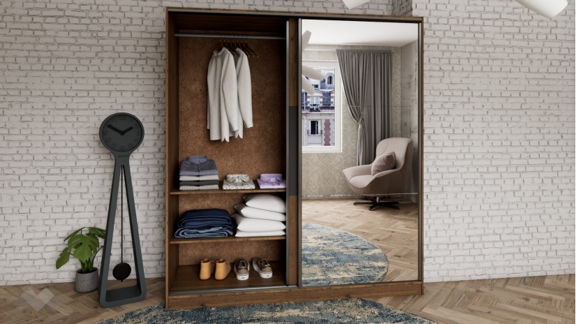 Гардероб Димана с плъзгащи врати дъб вотан с черно шагре - изглед 3 - МебелМаг Гардероб Димана с плъзгащи врати дъб вотан с черно шагре - изглед 3