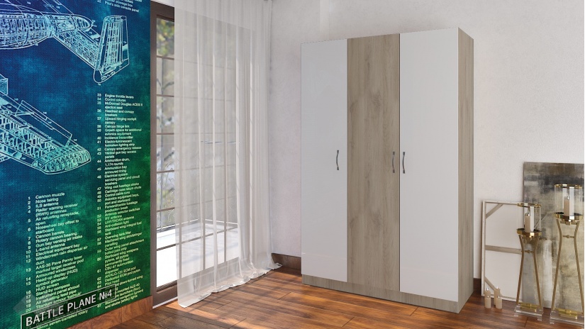 Гардероб Спрингфийлд трикрилни сонома арвен с бял гланц - изглед 1 - МебелМаг Гардероб Спрингфийлд трикрилни сонома арвен с бял гланц - изглед 1