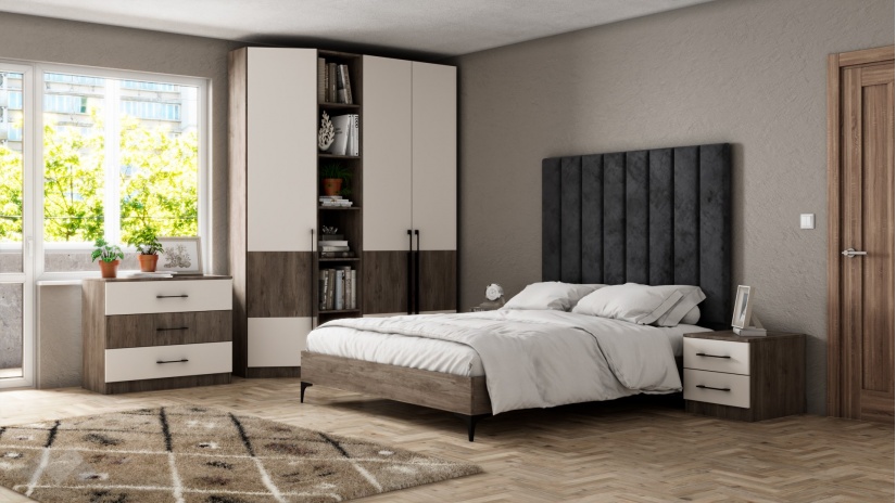 Спален комплект Комо К1 орех селект тъмен с кашмир - изглед 1 - МебелМаг Спален комплект Комо К1 орех селект тъмен с кашмир - изглед 1