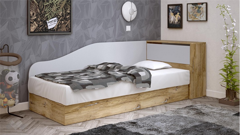 Мини приста с ракла 82/190 Селтик с включен матрак Бонел 82/190 келтски дъб със светло сиво - изглед 1 - МебелМаг Мини приста с ракла 82/190 Селтик с включен матрак Бонел 82/190 келтски дъб със светло сиво - изглед 1