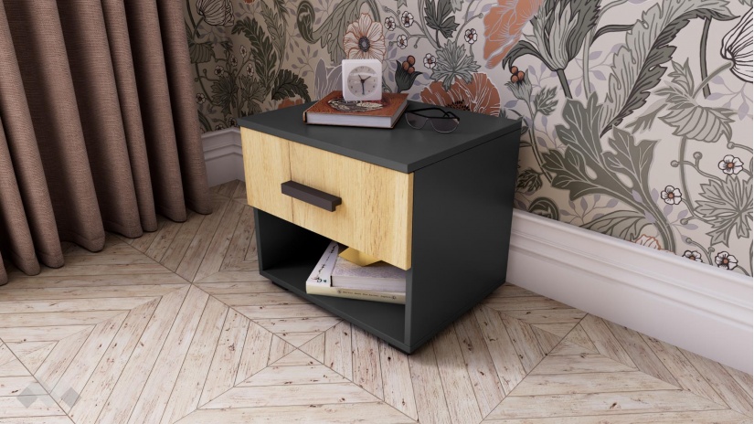 Нощен шкаф Честър светъл вотан с антрацит - изглед 1 - МебелМаг Нощен шкаф Честър светъл вотан с антрацит - изглед 1