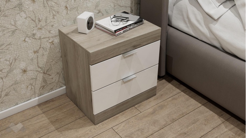 Нощен шкаф Пит сонома арвен с бял гланц - изглед 1 - МебелМаг Нощен шкаф Пит сонома арвен с бял гланц - изглед 1