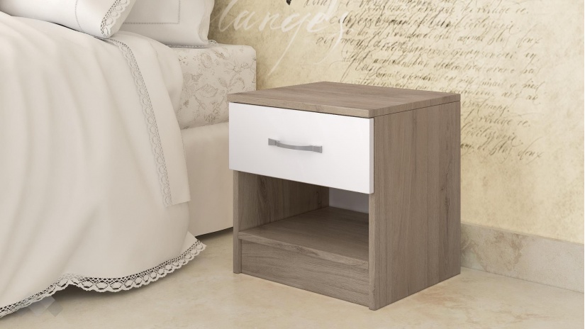 Нощен шкаф Кери сонома арвен с бял гланц - изглед 1 - МебелМаг Нощен шкаф Кери сонома арвен с бял гланц - изглед 1
