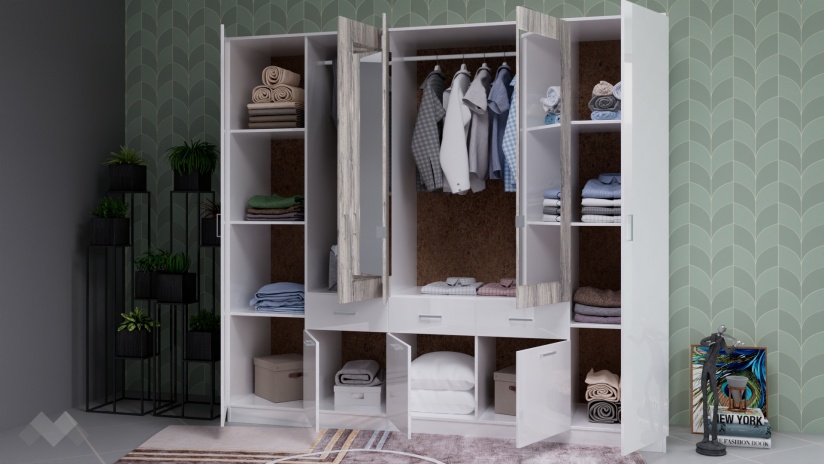 Гардероб Прайд петкрилни бял гланц с малта - изглед 2 - МебелМаг Гардероб Прайд петкрилни бял гланц с малта - изглед 2