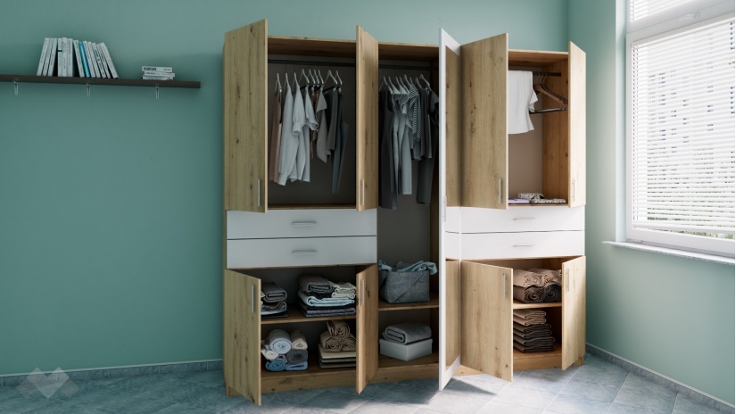 Гардероб Рос петкрилни артизан с бяло - изглед 2 - МебелМаг Гардероб Рос петкрилни артизан с бяло - изглед 2