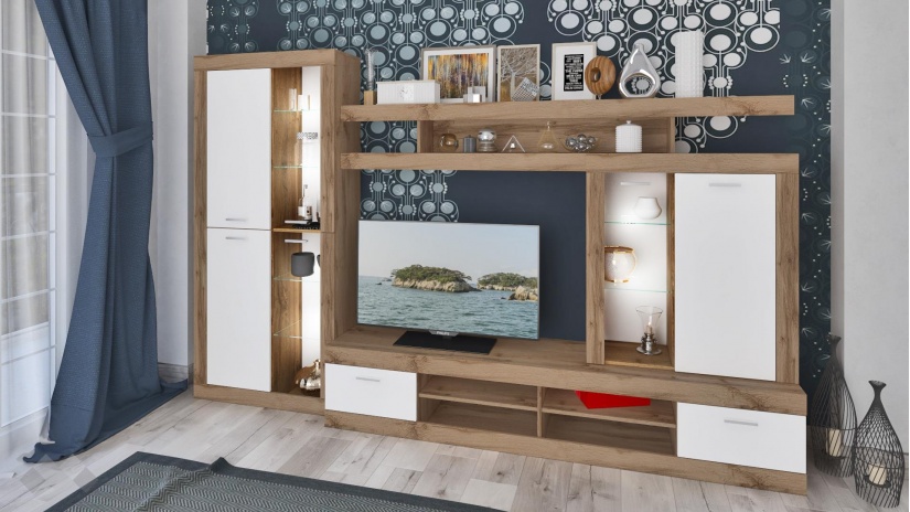 Секция Белвю с LED осветление бяло гладко с дъб дакота - изглед 1 - МебелМаг Секция Белвю с LED осветление бяло гладко с дъб дакота - изглед 1