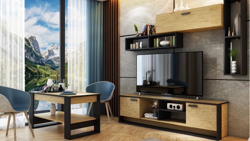 Секция Денвър модулни златен дъб с черно - изглед 1 - МебелМаг Секция Денвър модулни златен дъб с черно - изглед 1