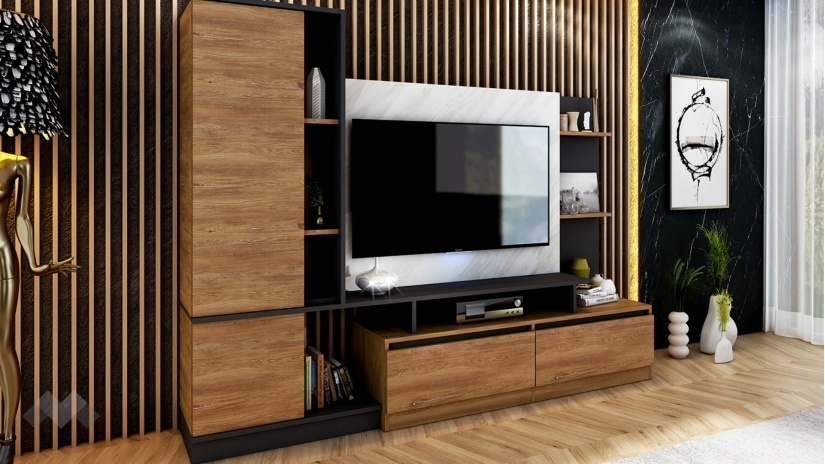 Секция Джаз с гардероб черно с денвър и мрамор - изглед 1 - МебелМаг Секция Джаз с гардероб черно с денвър и мрамор - изглед 1