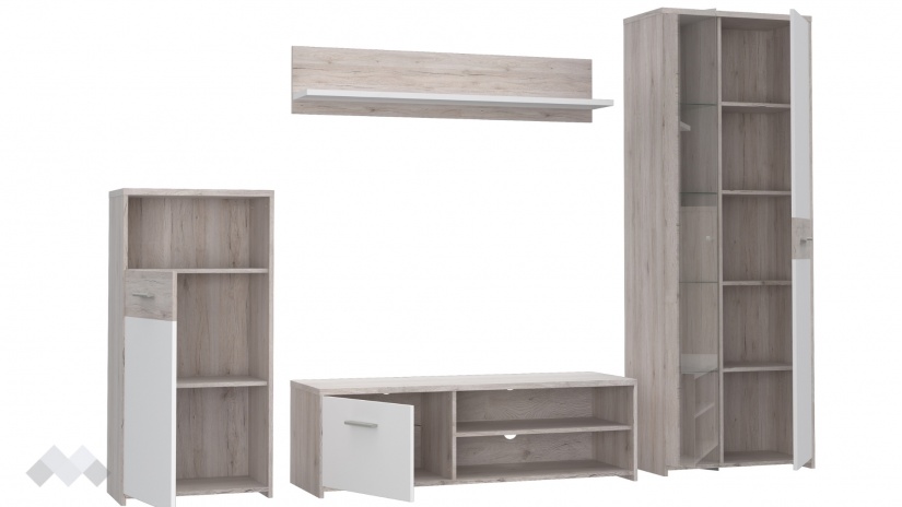 Секция Джулада с витрина пясъчен дъб с бяло - изглед 3 - МебелМаг Секция Джулада с витрина пясъчен дъб с бяло - изглед 3