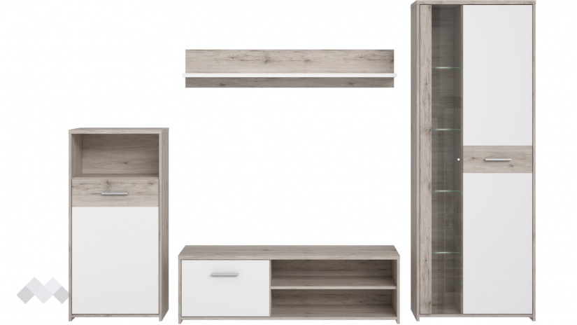 Секция Джулада с витрина пясъчен дъб с бяло - изглед 2 - МебелМаг Секция Джулада с витрина пясъчен дъб с бяло - изглед 2