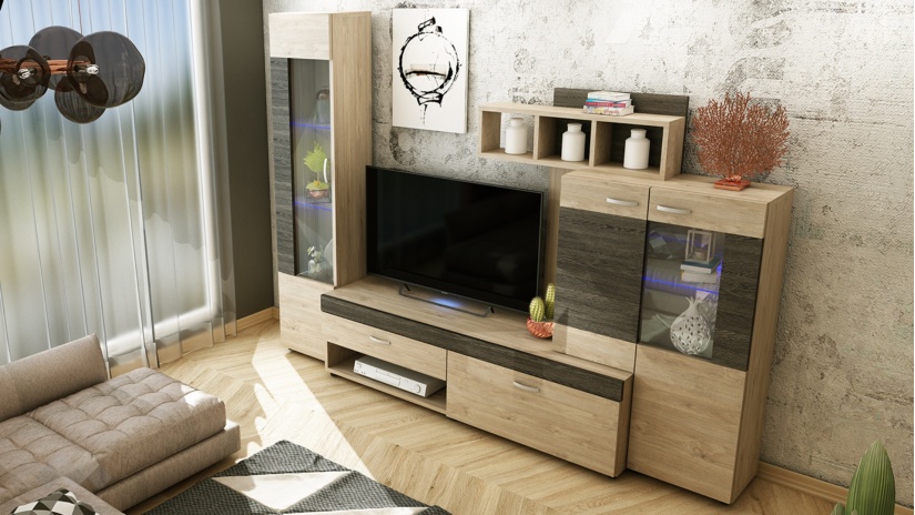 Секция Галакси с LED осветление пясъчен дъб с винтидж - изглед 2 - МебелМаг Секция Галакси с LED осветление пясъчен дъб с винтидж - изглед 2