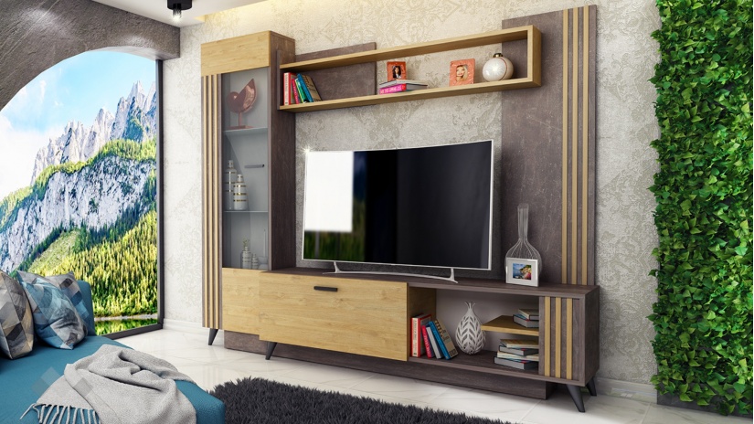 Секция Хана с витрина тъмен бетон със златен дъб - изглед 2 - МебелМаг Секция Хана с витрина тъмен бетон със златен дъб - изглед 2