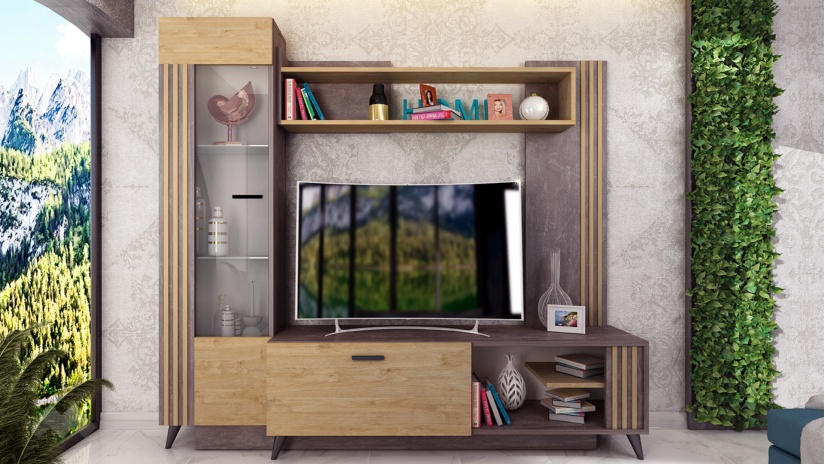 Секция Хана с витрина тъмен бетон със златен дъб - изглед 1 - МебелМаг Секция Хана с витрина тъмен бетон със златен дъб - изглед 1