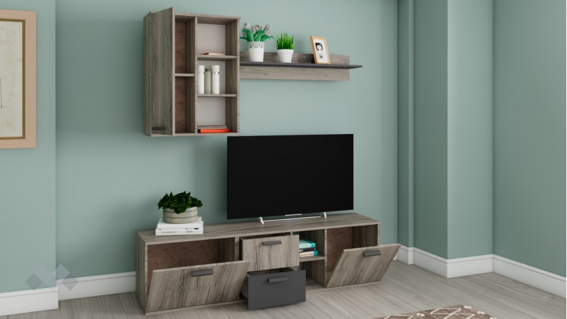 Секция Спирит с открити рафтове малта с антрацит - изглед 2 - МебелМаг Секция Спирит с открити рафтове малта с антрацит - изглед 2