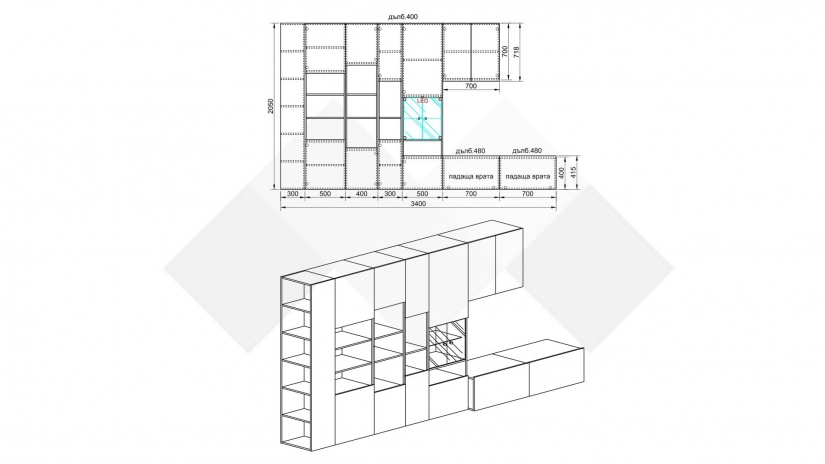 Секция Маверик с LED осветление сонома арвен с бяло гланц - изглед 3 - МебелМаг Секция Маверик с LED осветление сонома арвен с бяло гланц - изглед 3