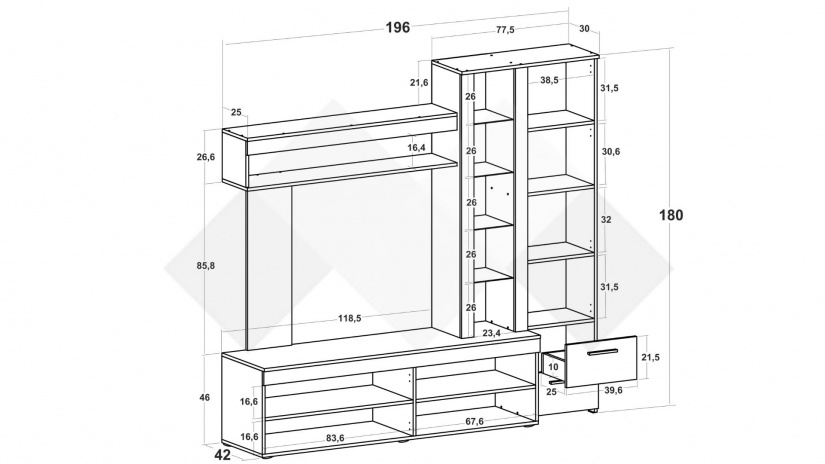 Секция Неапол с открити рафтове златен дъб с бяло - изглед 3 - МебелМаг Секция Неапол с открити рафтове златен дъб с бяло - изглед 3