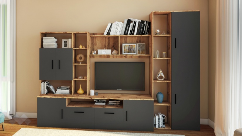 Секция Оскар с открити рафтове дъб дакота с графит - изглед 1 - МебелМаг Секция Оскар с открити рафтове дъб дакота с графит - изглед 1