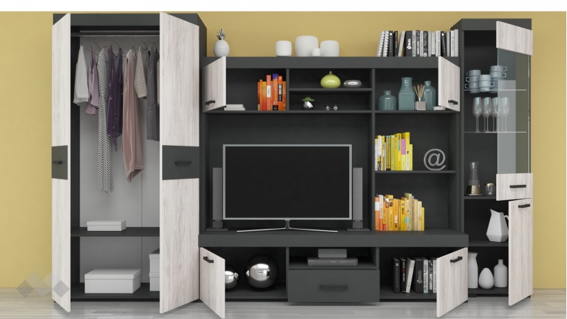 Секция Рен с гардероб дъб бланко с антрацит - изглед 2 - МебелМаг Секция Рен с гардероб дъб бланко с антрацит - изглед 2