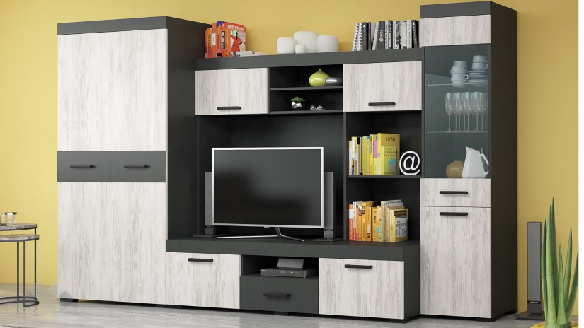 Секция Рен с гардероб дъб бланко с антрацит - изглед 1 - МебелМаг Секция Рен с гардероб дъб бланко с антрацит - изглед 1