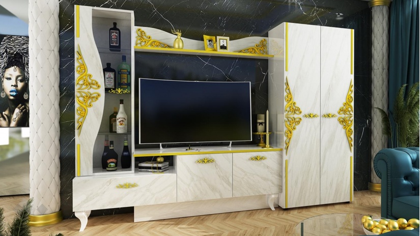 Секция Роксана с витрина бял гланц с мрамор - изглед 1 - МебелМаг Секция Роксана с витрина бял гланц с мрамор - изглед 1