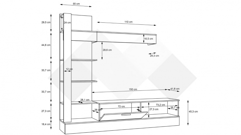 Секция Селина с открити рафтове вотан с черно - изглед 4 - МебелМаг Секция Селина с открити рафтове вотан с черно - изглед 4