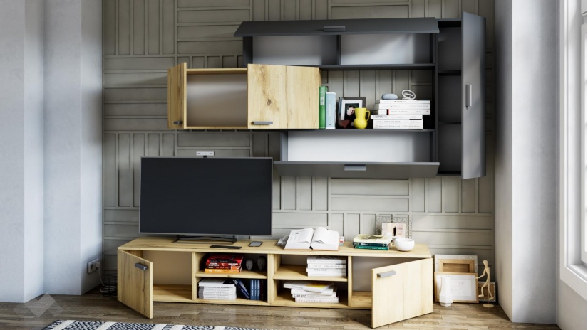 Секция Синтес модулни светъл вотан с антрацит - изглед 2 - МебелМаг Секция Синтес модулни светъл вотан с антрацит - изглед 2