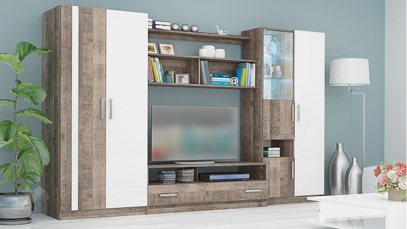 Секция Скарлет с гардероб колониален дъб с бял гланц - изглед 1 - МебелМаг Секция Скарлет с гардероб колониален дъб с бял гланц - изглед 1