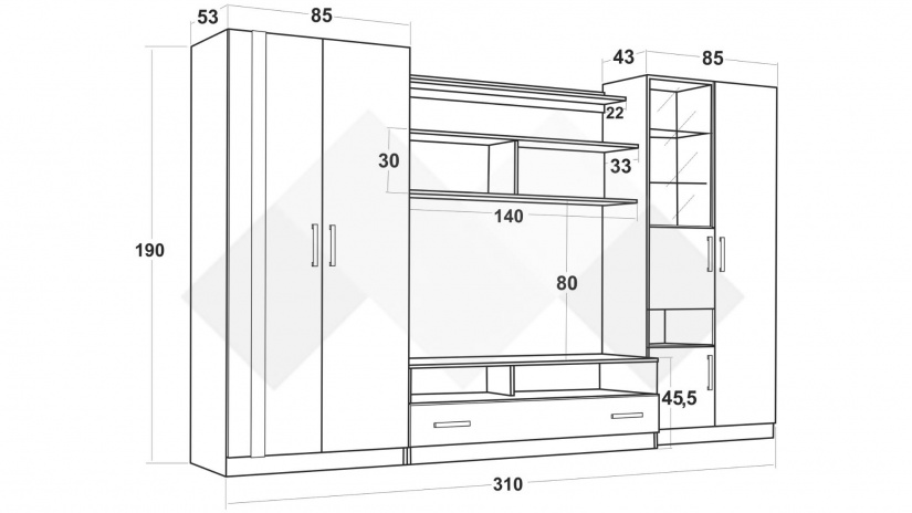 Секция Скарлет с гардероб дъб вотан светъл с антрацит гланц - изглед 3 - МебелМаг Секция Скарлет с гардероб дъб вотан светъл с антрацит гланц - изглед 3