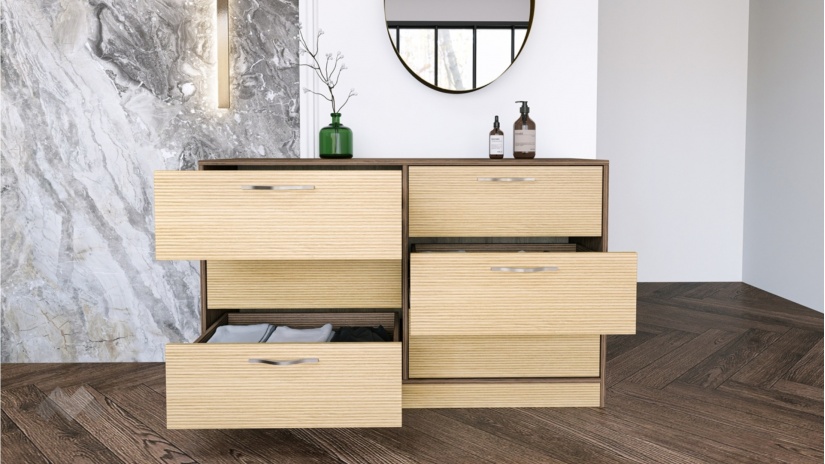 Скрин Мирела дъб линеа с орех линеа - изглед 2 - МебелМаг Скрин Мирела дъб линеа с орех линеа - изглед 2