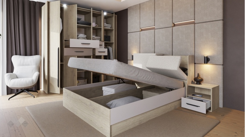 Спален комплект със скрин дъб кота кремона с кашмир - изглед 5 - МебелМаг Спален комплект със скрин дъб кота кремона с кашмир - изглед 5