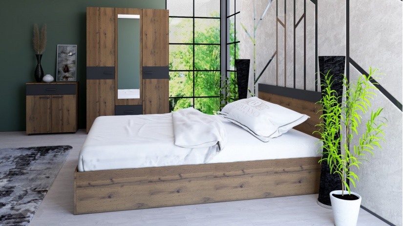 Спален комплект Дани дъб вотан с черно шагре - изглед 3 - МебелМаг Спален комплект Дани дъб вотан с черно шагре - изглед 3