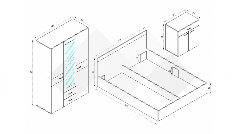 Спален комплект Дани дъб вотан с черно шагре - изглед 2 - МебелМаг Спален комплект Дани дъб вотан с черно шагре - изглед 2