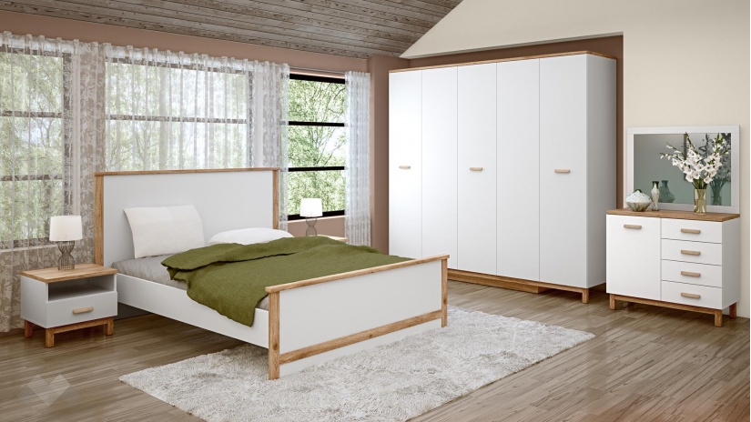 Спален комплект Линда бяло гладко с дъб кадис - изглед 1 - МебелМаг Спален комплект Линда бяло гладко с дъб кадис - изглед 1