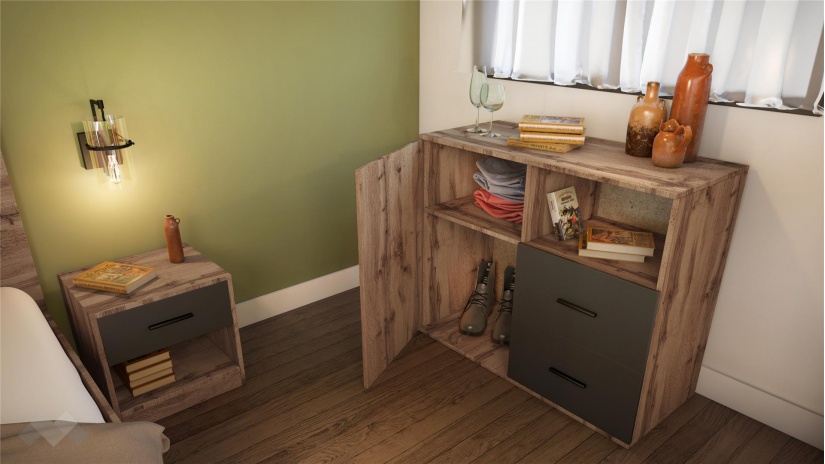 Спален комплект Олга с включен матрак Бонел 160/200 дъб дакота с графит - изглед 4 - МебелМаг Спален комплект Олга с включен матрак Бонел 160/200 дъб дакота с графит - изглед 4