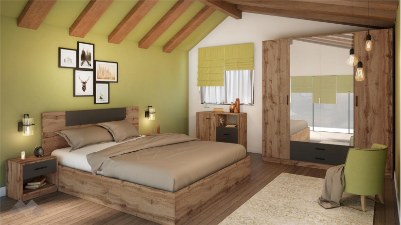 Спален комплект Олга с включен матрак Бонел 160/200 дъб дакота с графит - изглед 1 - МебелМаг Спален комплект Олга с включен матрак Бонел 160/200 дъб дакота с графит - изглед 1