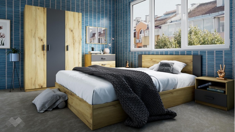 Спален комплект Малена светъл вотан с антрацит - изглед 1 - МебелМаг Спален комплект Малена светъл вотан с антрацит - изглед 1