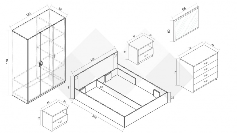 Спален комплект Малена светъл вотан с антрацит - изглед 2 - МебелМаг Спален комплект Малена светъл вотан с антрацит - изглед 2