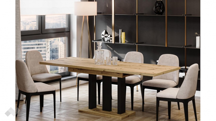 Трапезна маса Апиа разтегателни дъб артисан с черно - изглед 2 - МебелМаг Трапезна маса Апиа разтегателни дъб артисан с черно - изглед 2