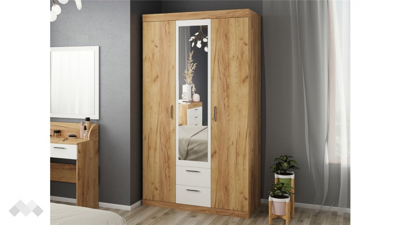 Гардероб Моник трикрилни златен дъб с бяло - изглед 1 - МебелМаг Гардероб Моник трикрилни златен дъб с бяло - изглед 1